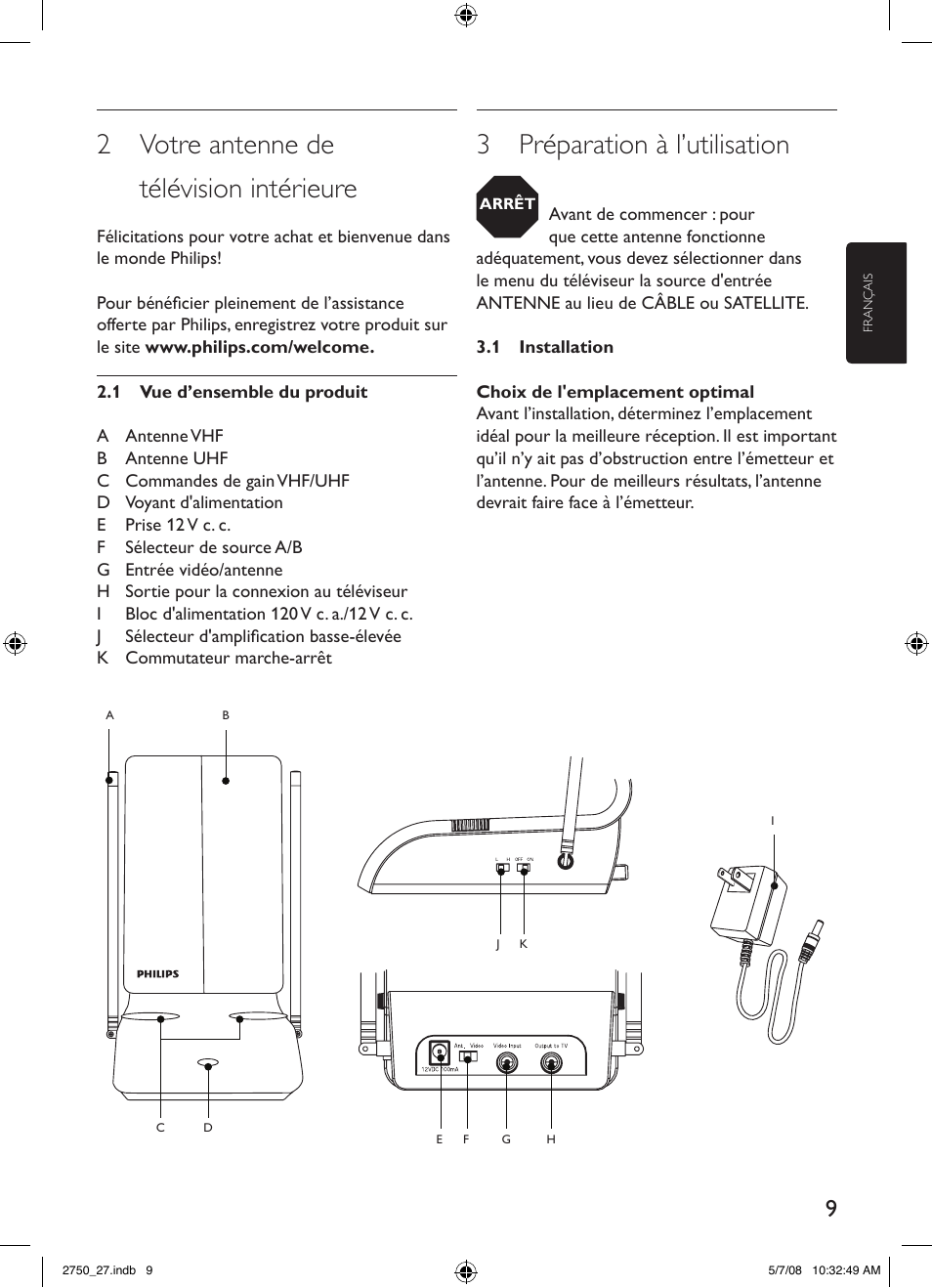 2 votre antenne de télévision intérieure, 3 préparation à l’utilisation | Philips SDV2750/27 User Manual | Page 9 / 20