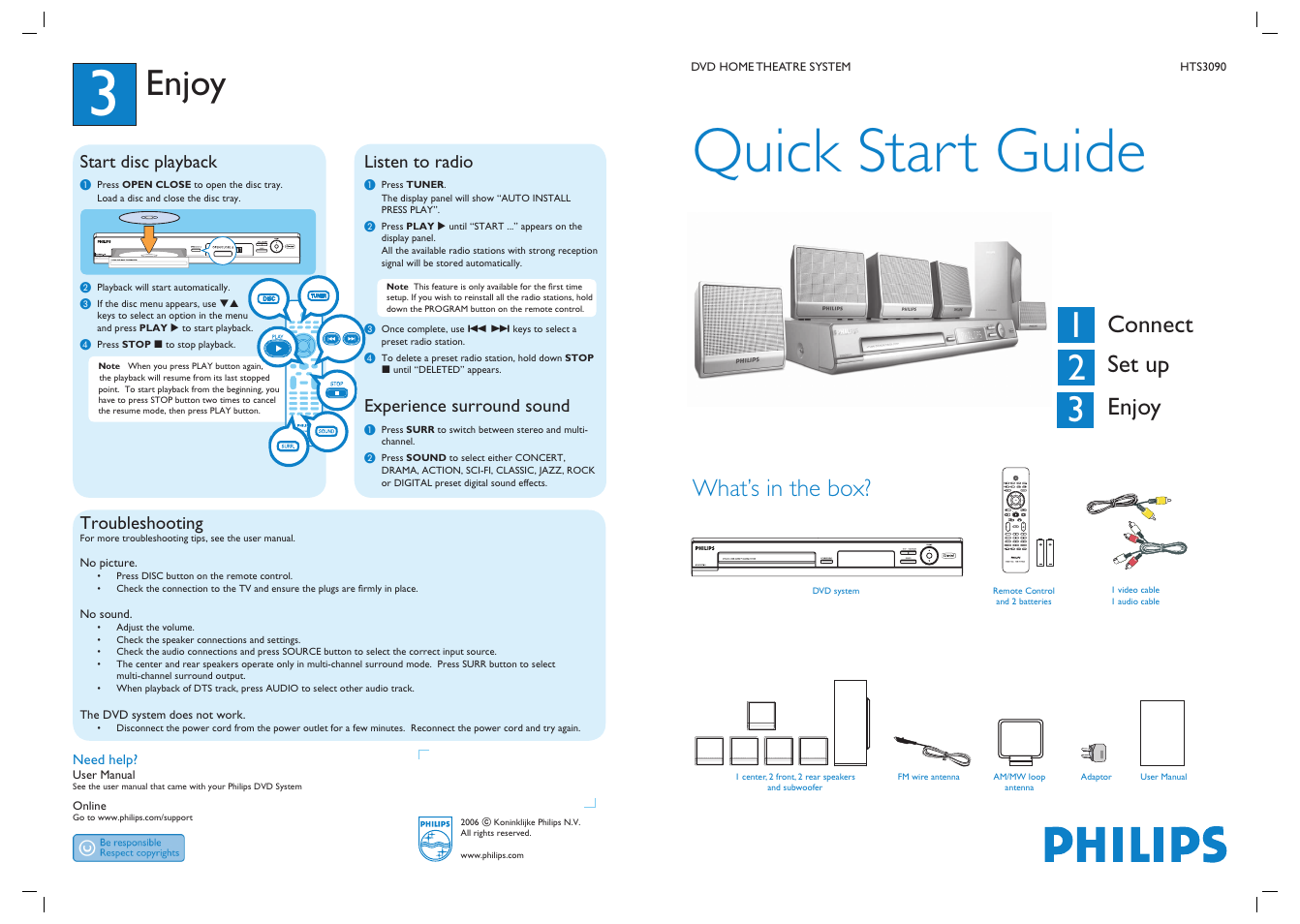 Quick start guide, Enjoy, Connect set up enjoy | What’s in the box, Start disc playback, Listen to radio, Experience surround sound, Troubleshooting | Philips W10162446A User Manual | Page 2 / 2