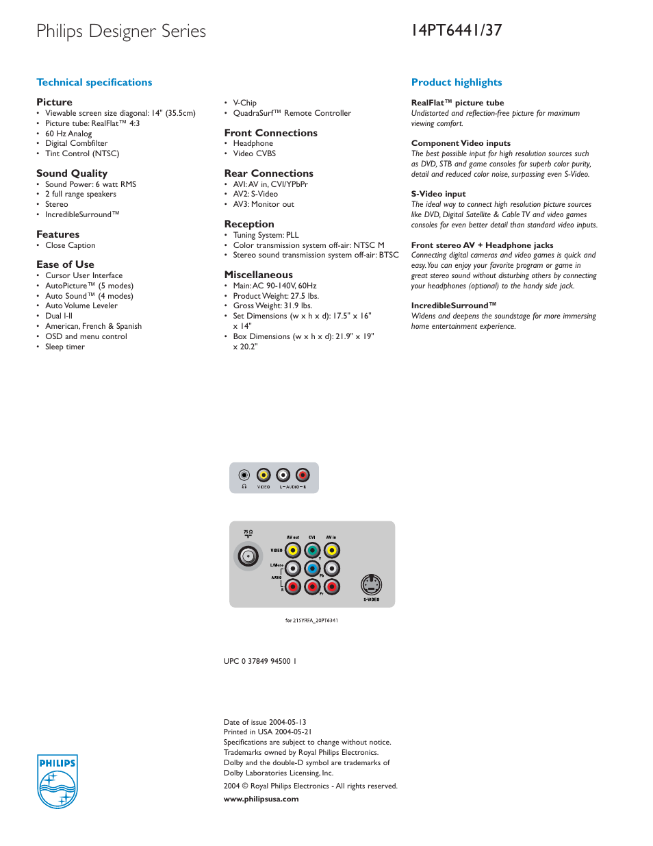 Philips designer series | Philips Designer Series 14PT6437 User Manual | Page 2 / 2