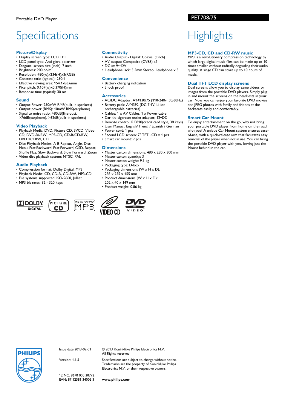 Specifications, Highlights | Philips SCE2110 User Manual | Page 2 / 2