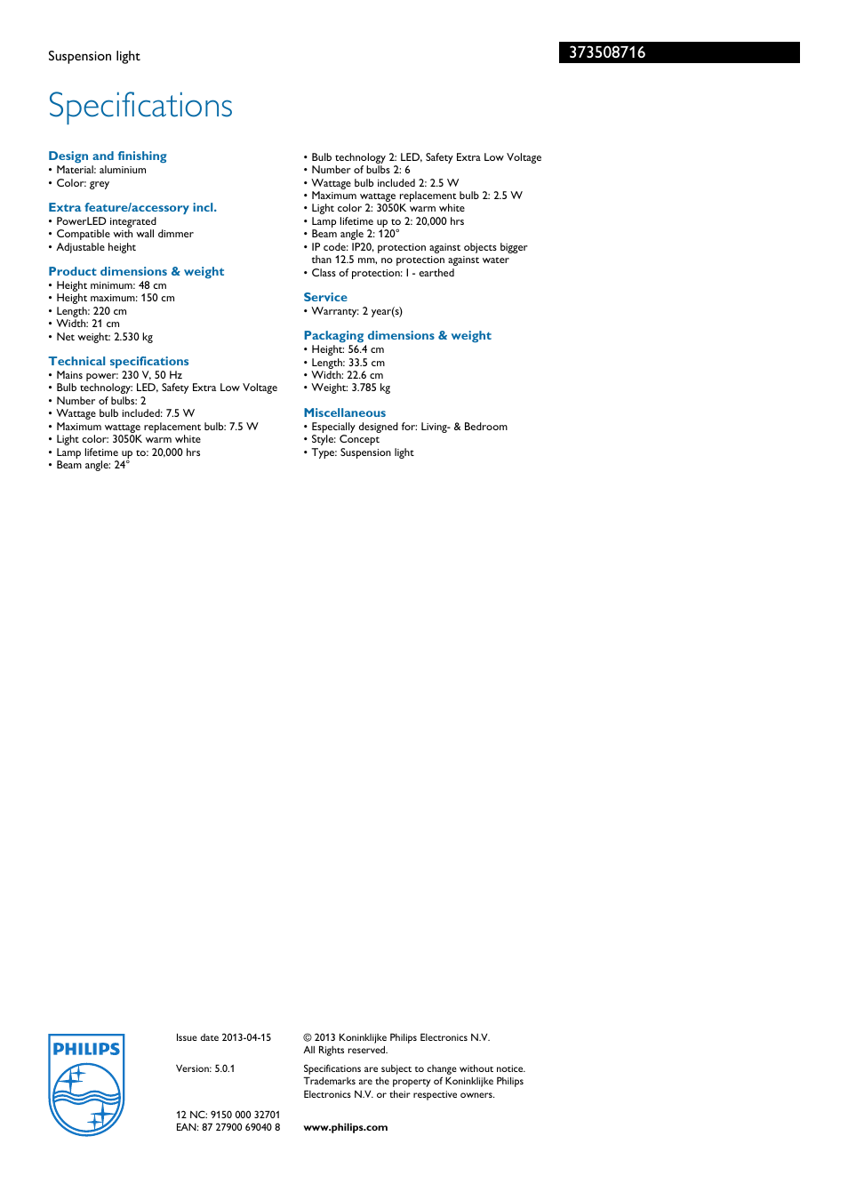 Specifications, Philips | Philips Ledino 37350/87/16 User Manual | Page 2 / 2