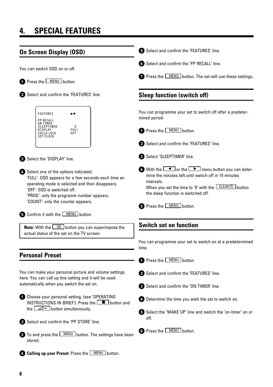 Special features, On screen display (osd), Personal preset | Sleep function (switch off), Switch set on function | Philips 14 PV 274 User Manual | Page 10 / 12