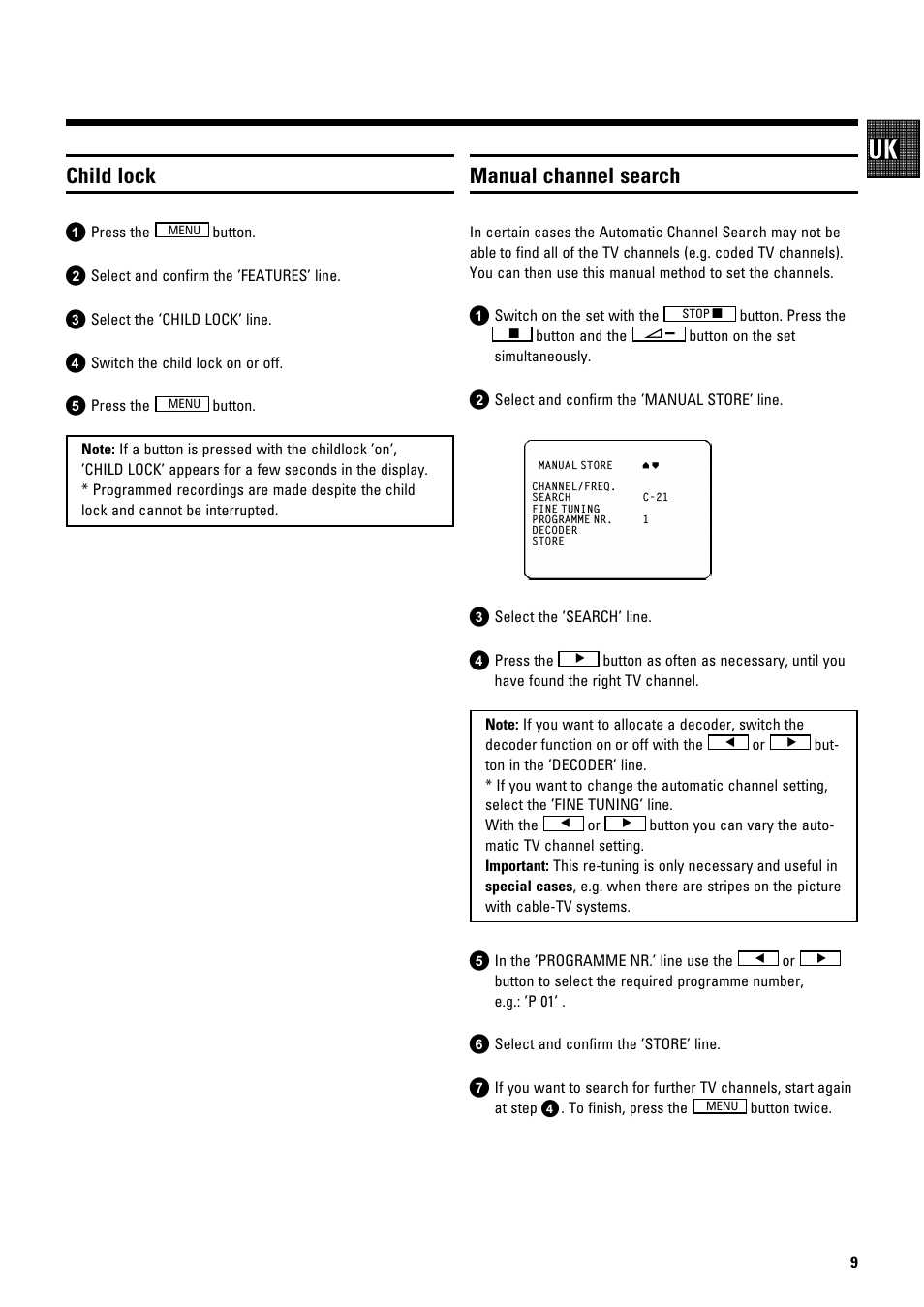 Child lock, Manual channel search | Philips 14 PV 274 User Manual | Page 11 / 12