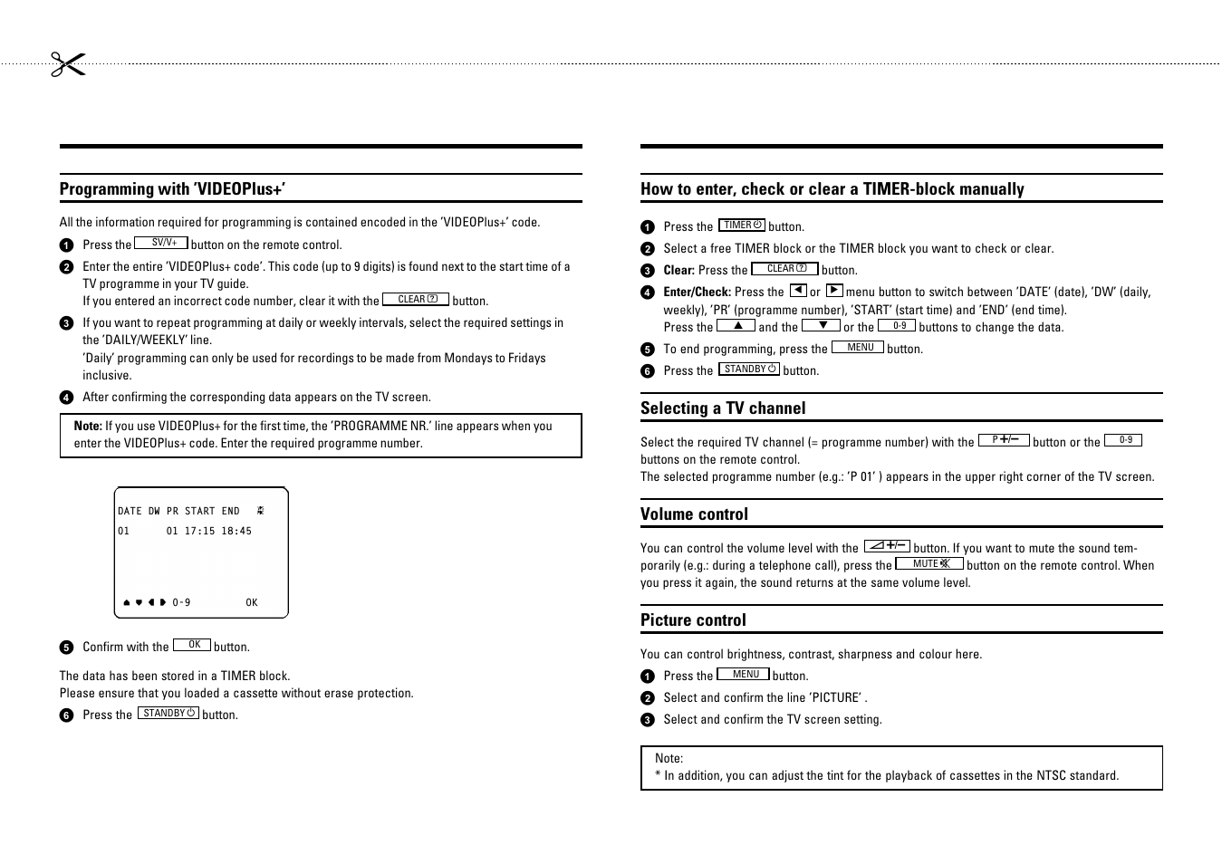 Programming with ’videoplus, Selecting a tv channel, Volume control | Picture control | Philips 14 PV 274 User Manual | Page 2 / 12