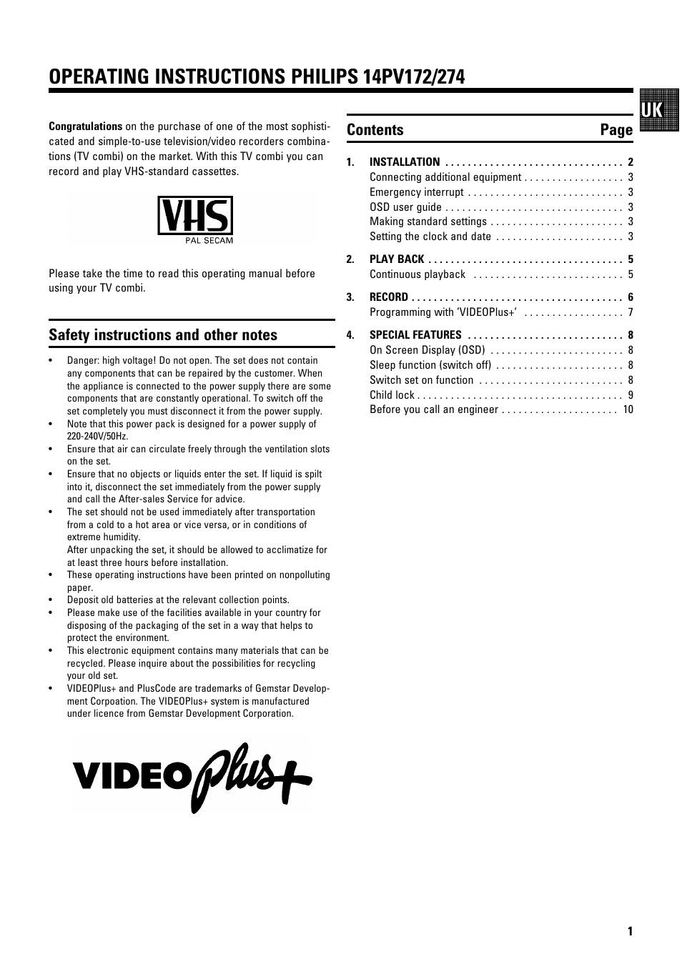 Contents page | Philips 14 PV 274 User Manual | Page 3 / 12