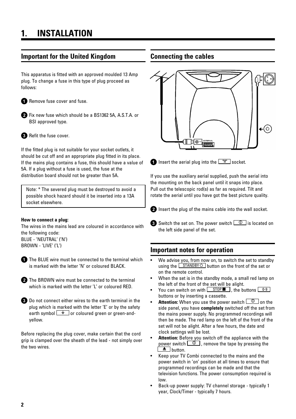 Installation, Important for the united kingdom, Connecting the cables | Philips 14 PV 274 User Manual | Page 4 / 12