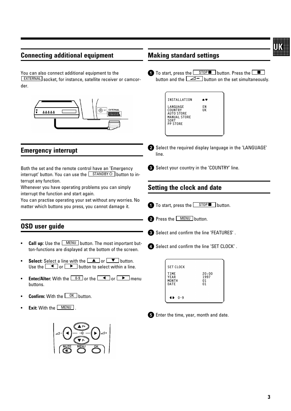 Connecting additional equipment, Emergency interrupt, Osd user guide | Making standard settings, Setting the clock and date | Philips 14 PV 274 User Manual | Page 5 / 12