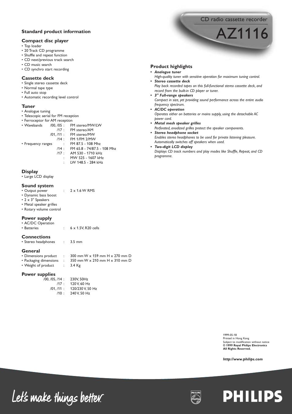 Az1116, Cd radio cassette recorder | Philips AZ1116 User Manual | Page 2 / 2