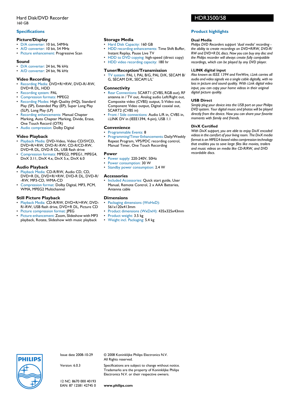 Philips HDR3500 User Manual | Page 2 / 2