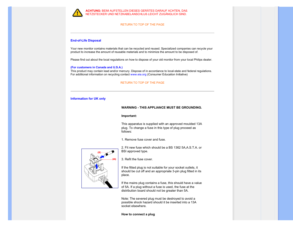 Philips end-of-life disposal, Information for uk only | Philips 240BW9 User Manual | Page 24 / 124