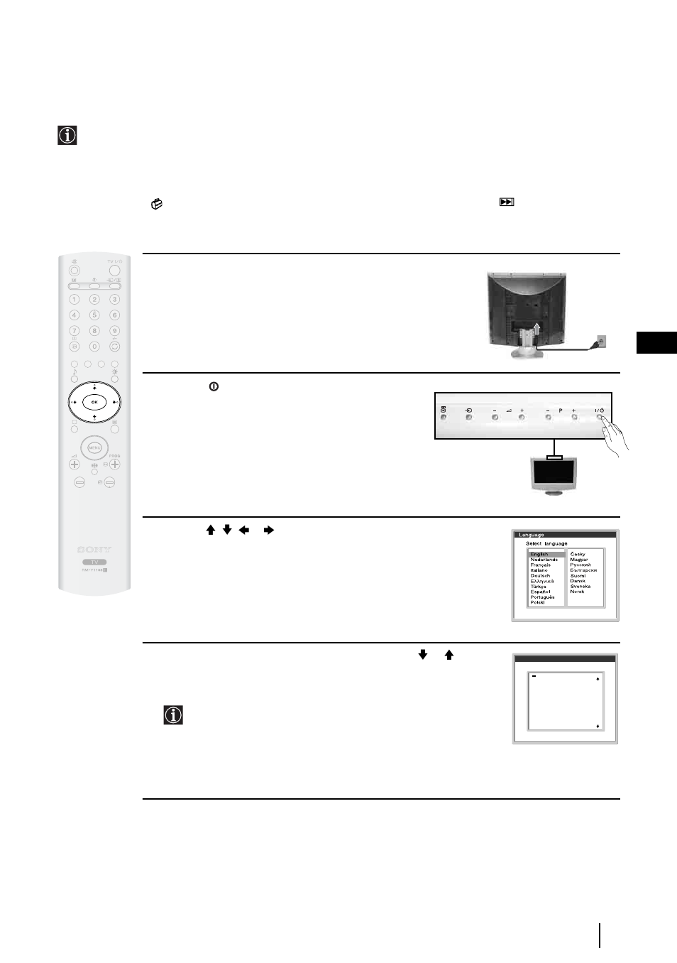 First time operation, Switching on the tv and automatically tuning, 15 gb | Sony KLV-27HR3 User Manual | Page 14 / 134