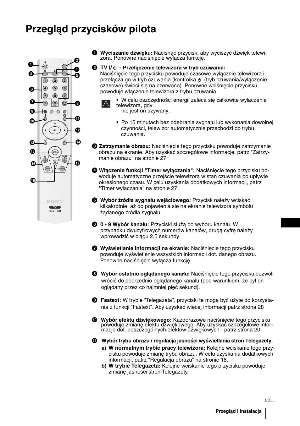 Przegląd przycisków pilota | Sony KLV-27HR3 User Manual | Page 74 / 134