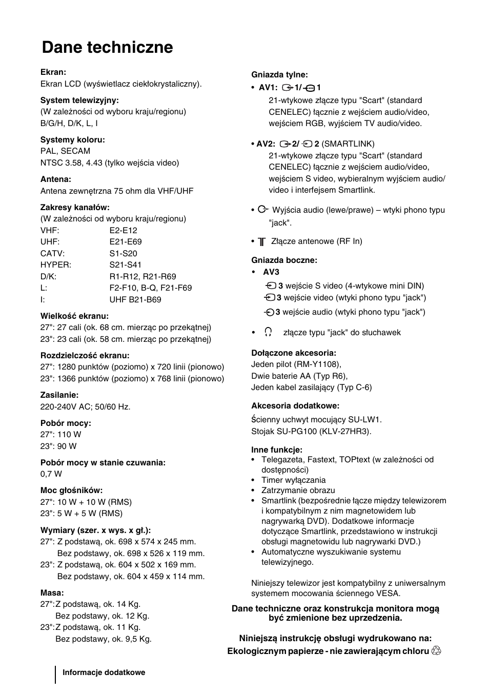 Dane techniczne | Sony KLV-27HR3 User Manual | Page 97 / 134