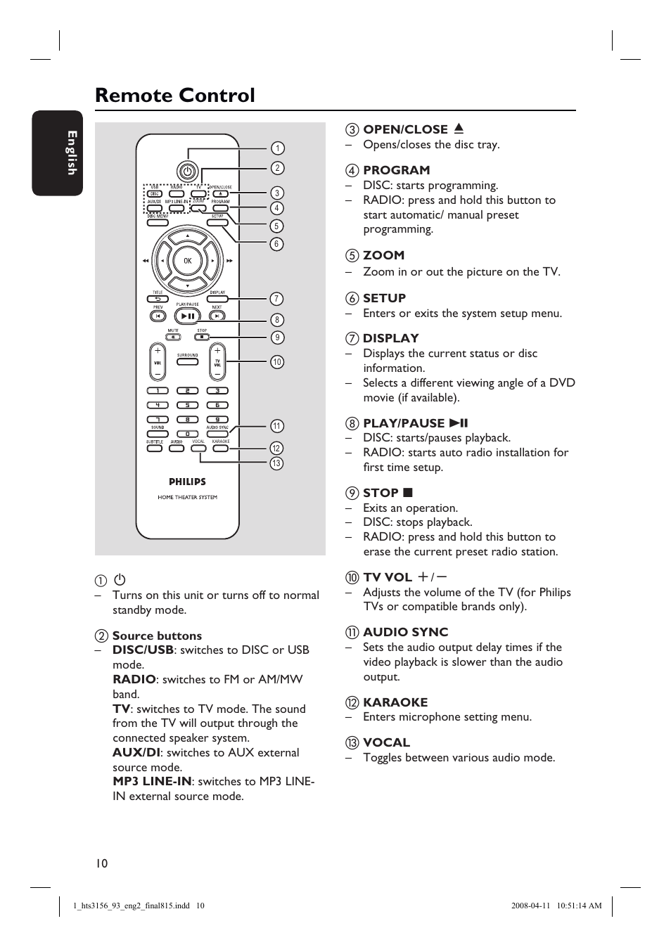 Remote control | Philips HTS3156 User Manual | Page 10 / 50
