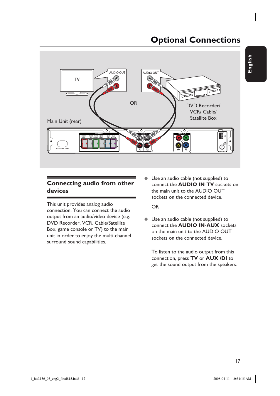 Optional connections, Connecting audio from other devices | Philips HTS3156 User Manual | Page 17 / 50