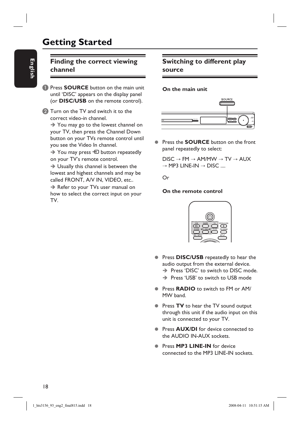 Getting started, Finding the correct viewing channel, Switching to different play source | Philips HTS3156 User Manual | Page 18 / 50