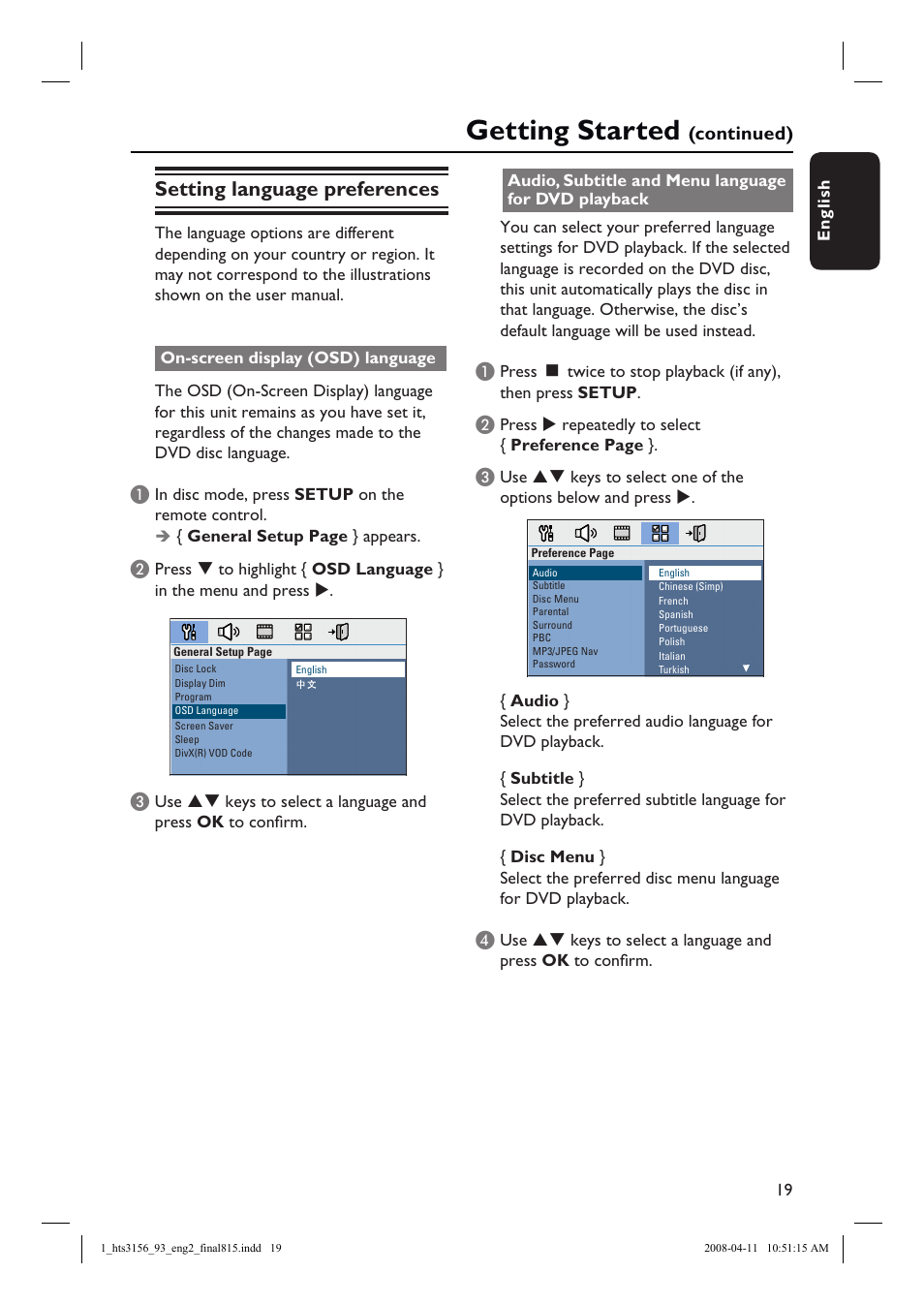 Getting started, Setting language preferences | Philips HTS3156 User Manual | Page 19 / 50