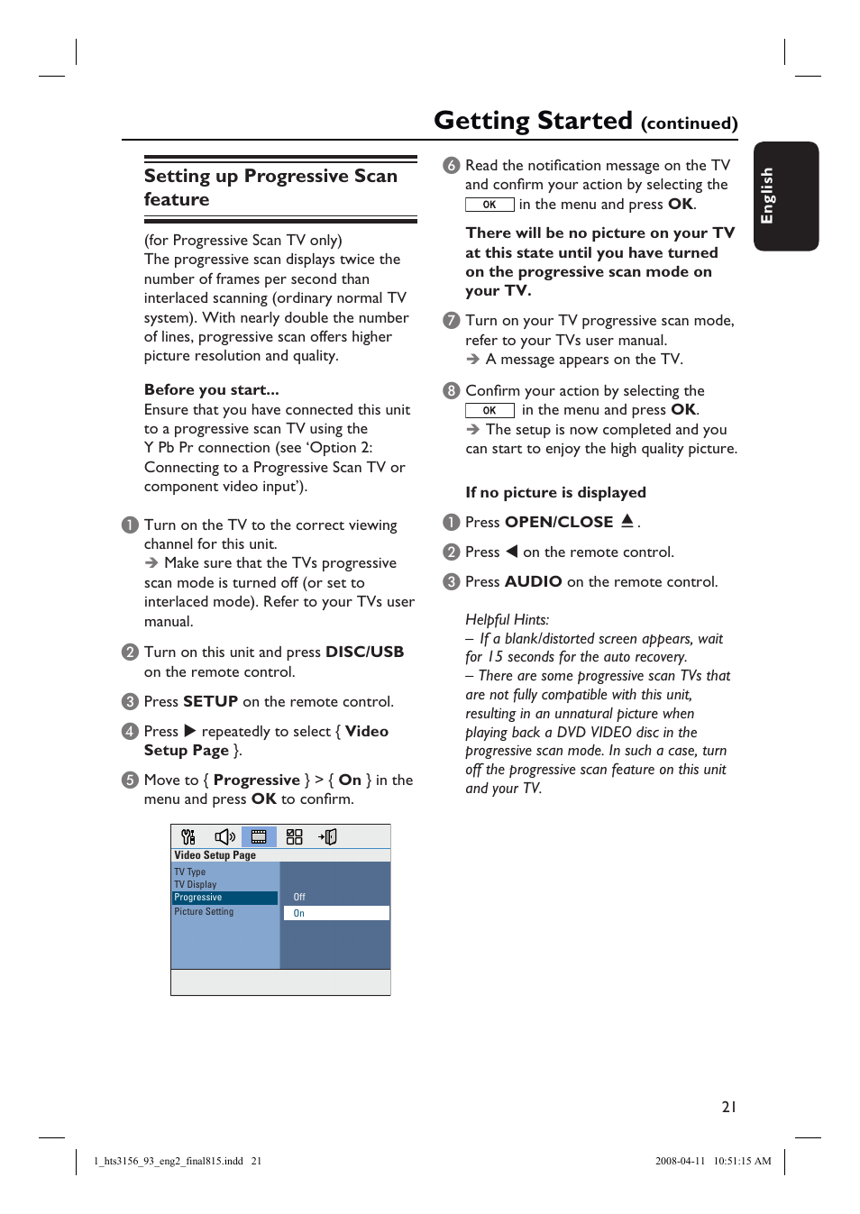 Getting started, Setting up progressive scan feature | Philips HTS3156 User Manual | Page 21 / 50