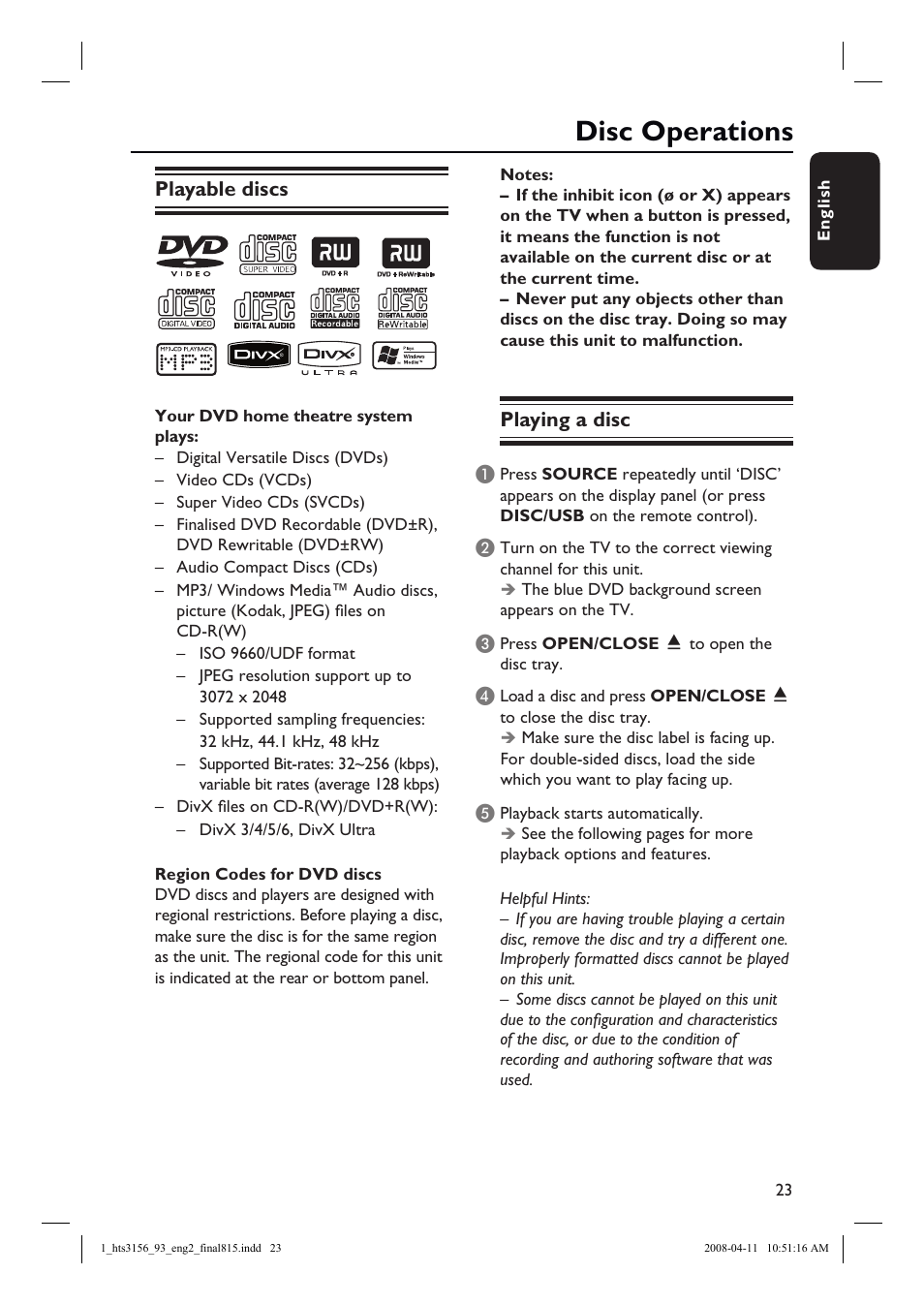 Disc operations, Playable discs, Playing a disc | Philips HTS3156 User Manual | Page 23 / 50