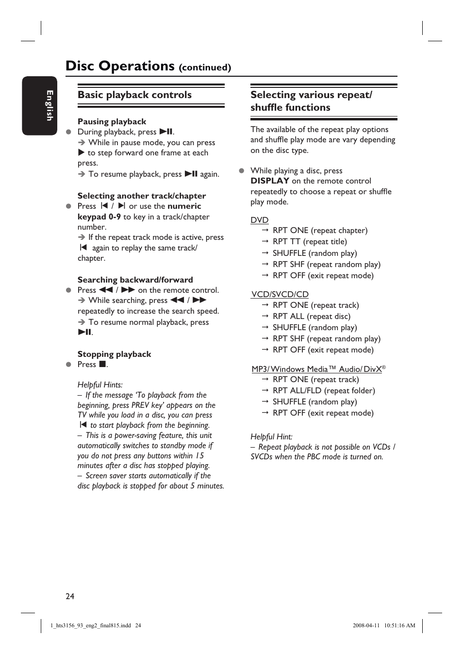 Disc operations, Basic playback controls, Selecting various repeat/ shuffl e functions | Philips HTS3156 User Manual | Page 24 / 50