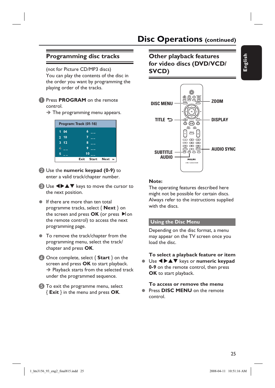 Disc operations, Programming disc tracks | Philips HTS3156 User Manual | Page 25 / 50