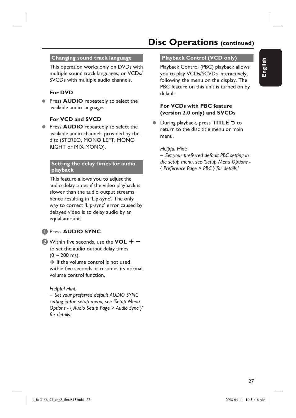 Disc operations | Philips HTS3156 User Manual | Page 27 / 50