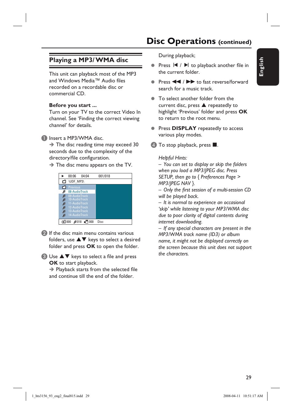 Disc operations, Playing a mp3/ wma disc | Philips HTS3156 User Manual | Page 29 / 50
