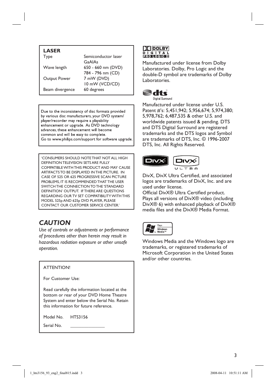 Caution | Philips HTS3156 User Manual | Page 3 / 50