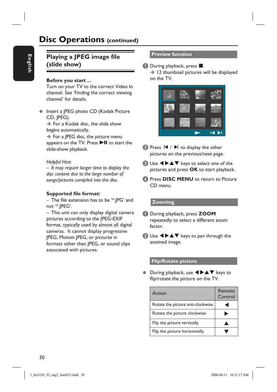 Disc operations, Playing a jpeg image fi le (slide show) | Philips HTS3156 User Manual | Page 30 / 50