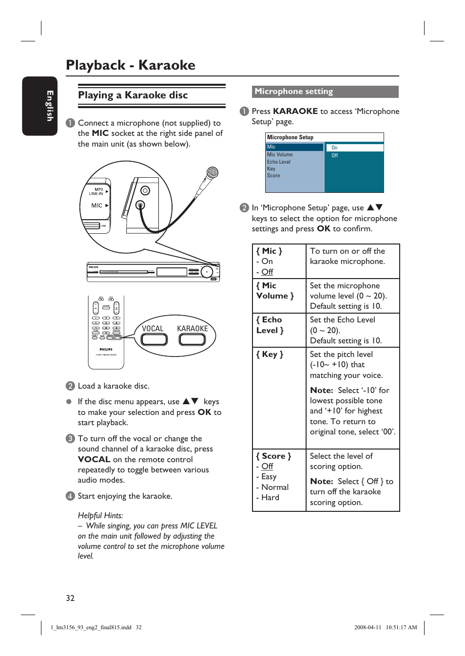 Playback - karaoke, Playing a karaoke disc | Philips HTS3156 User Manual | Page 32 / 50