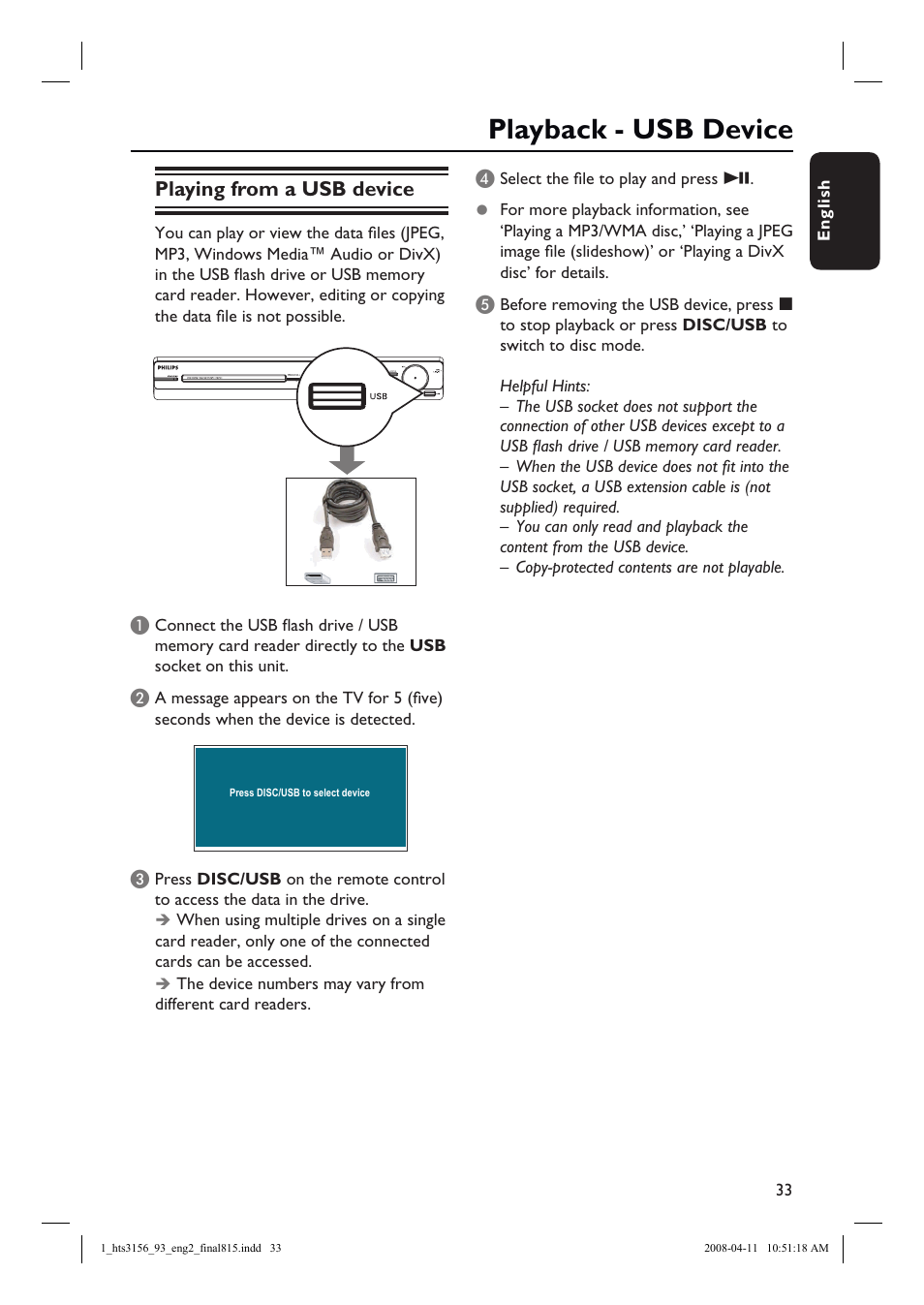 Playback - usb device, Playing from a usb device | Philips HTS3156 User Manual | Page 33 / 50
