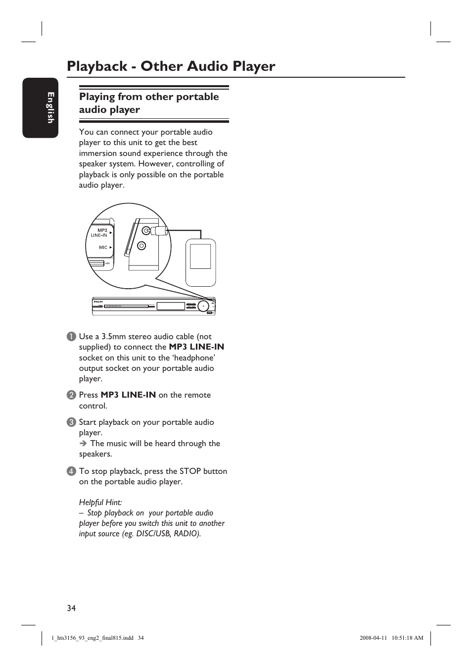 Playback - other audio player, Playing from other portable audio player | Philips HTS3156 User Manual | Page 34 / 50