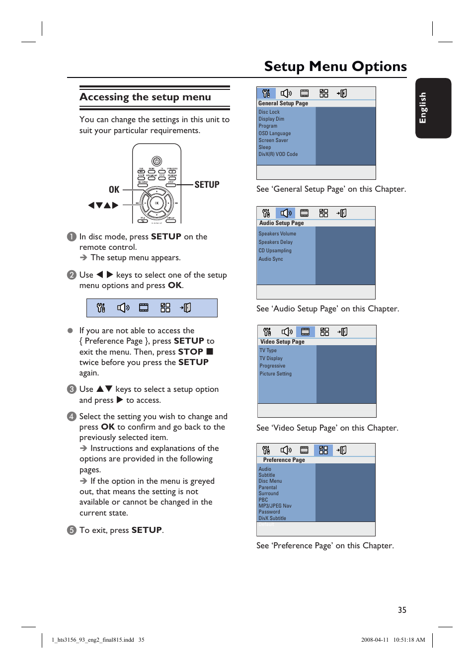 Setup menu options, Accessing the setup menu | Philips HTS3156 User Manual | Page 35 / 50