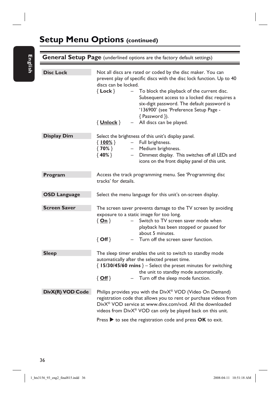 Setup menu options, General setup page | Philips HTS3156 User Manual | Page 36 / 50