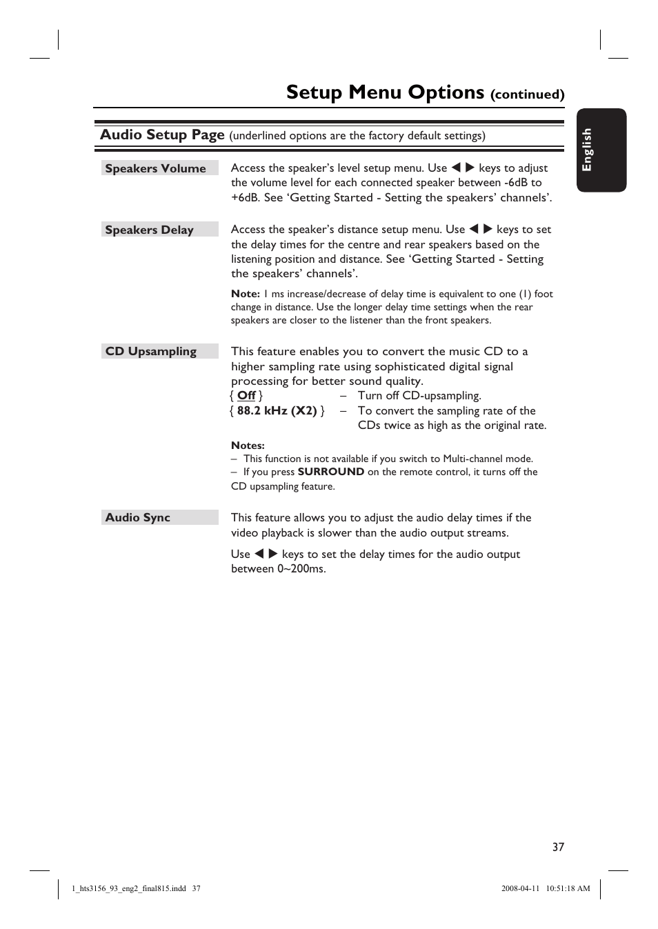 Setup menu options, Audio setup page | Philips HTS3156 User Manual | Page 37 / 50