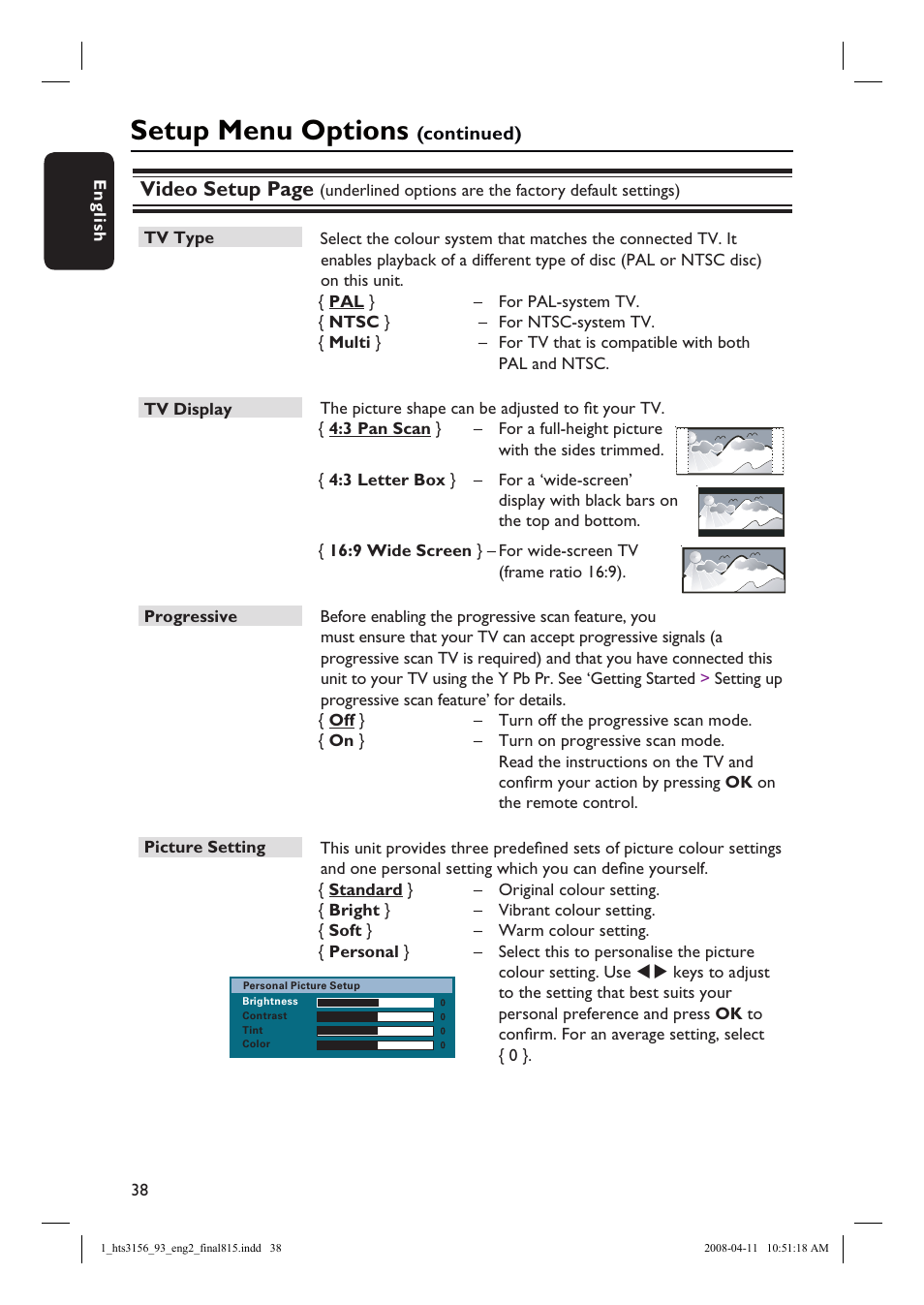 Setup menu options, Video setup page | Philips HTS3156 User Manual | Page 38 / 50