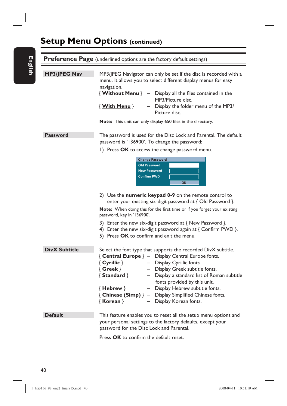 Setup menu options, Preference page | Philips HTS3156 User Manual | Page 40 / 50