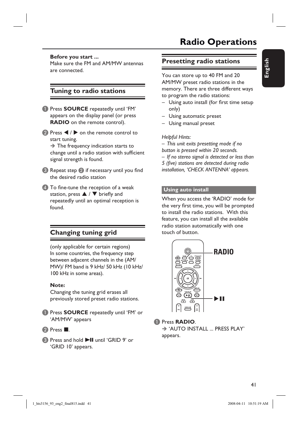 Radio operations, Radio, Tuning to radio stations | Changing tuning grid, Presetting radio stations | Philips HTS3156 User Manual | Page 41 / 50