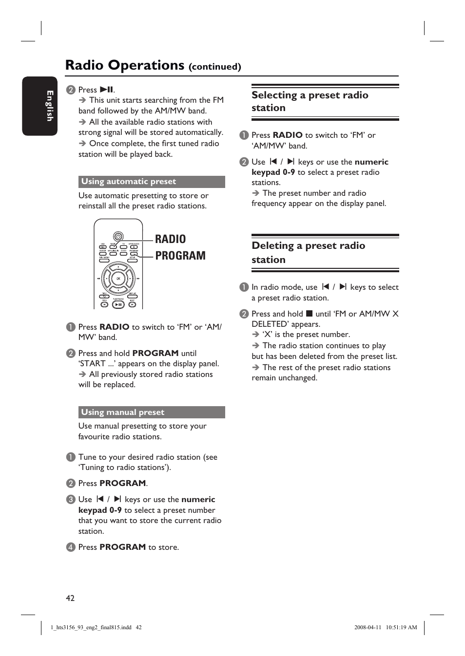 Radio operations, Radio program, Selecting a preset radio station | Deleting a preset radio station | Philips HTS3156 User Manual | Page 42 / 50