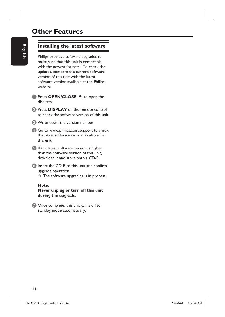 Other features, Installing the latest software | Philips HTS3156 User Manual | Page 44 / 50