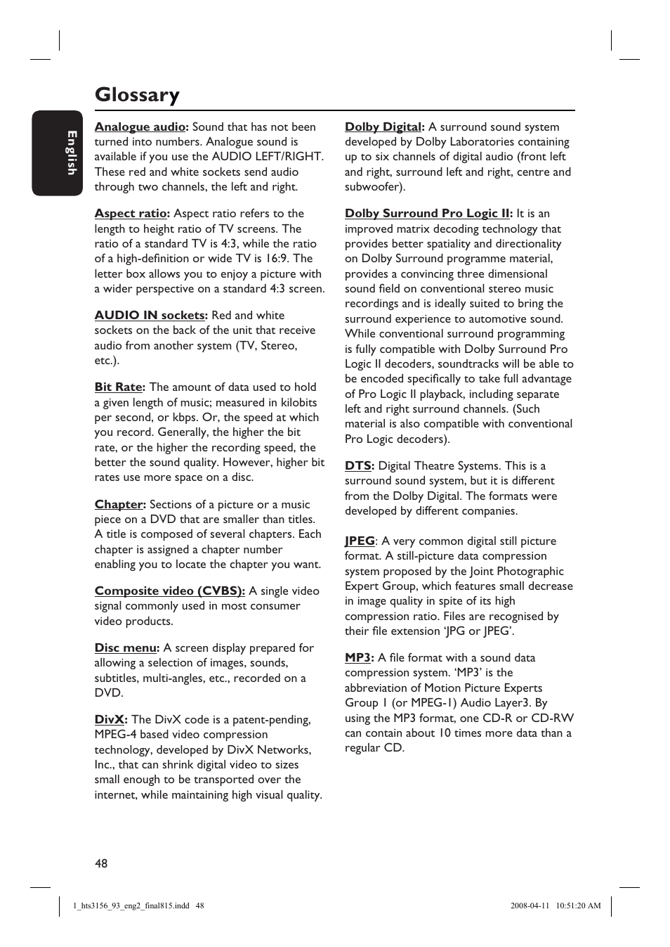 Glossar y | Philips HTS3156 User Manual | Page 48 / 50