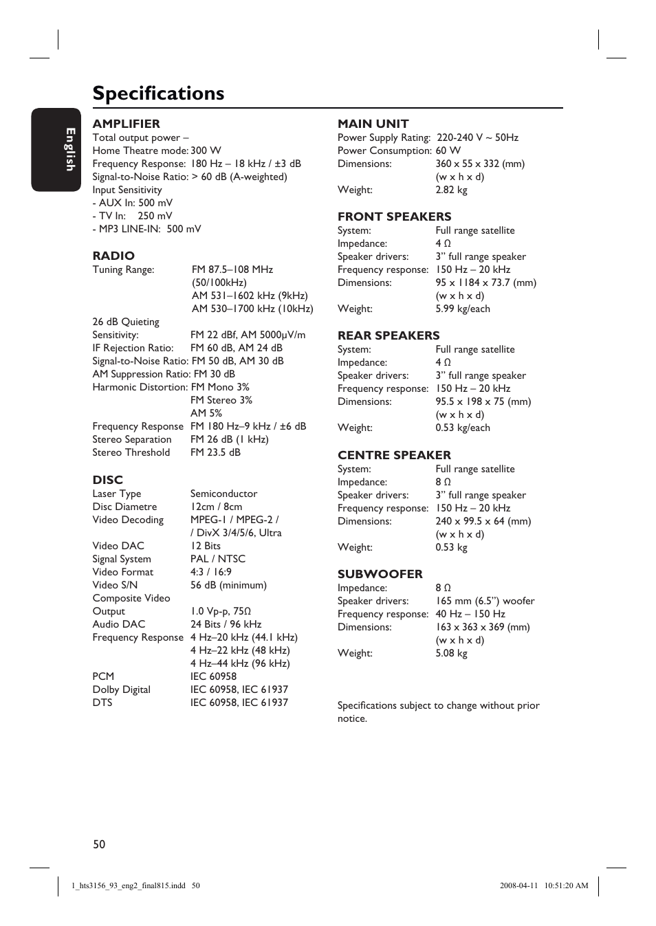 Specifi cations | Philips HTS3156 User Manual | Page 50 / 50