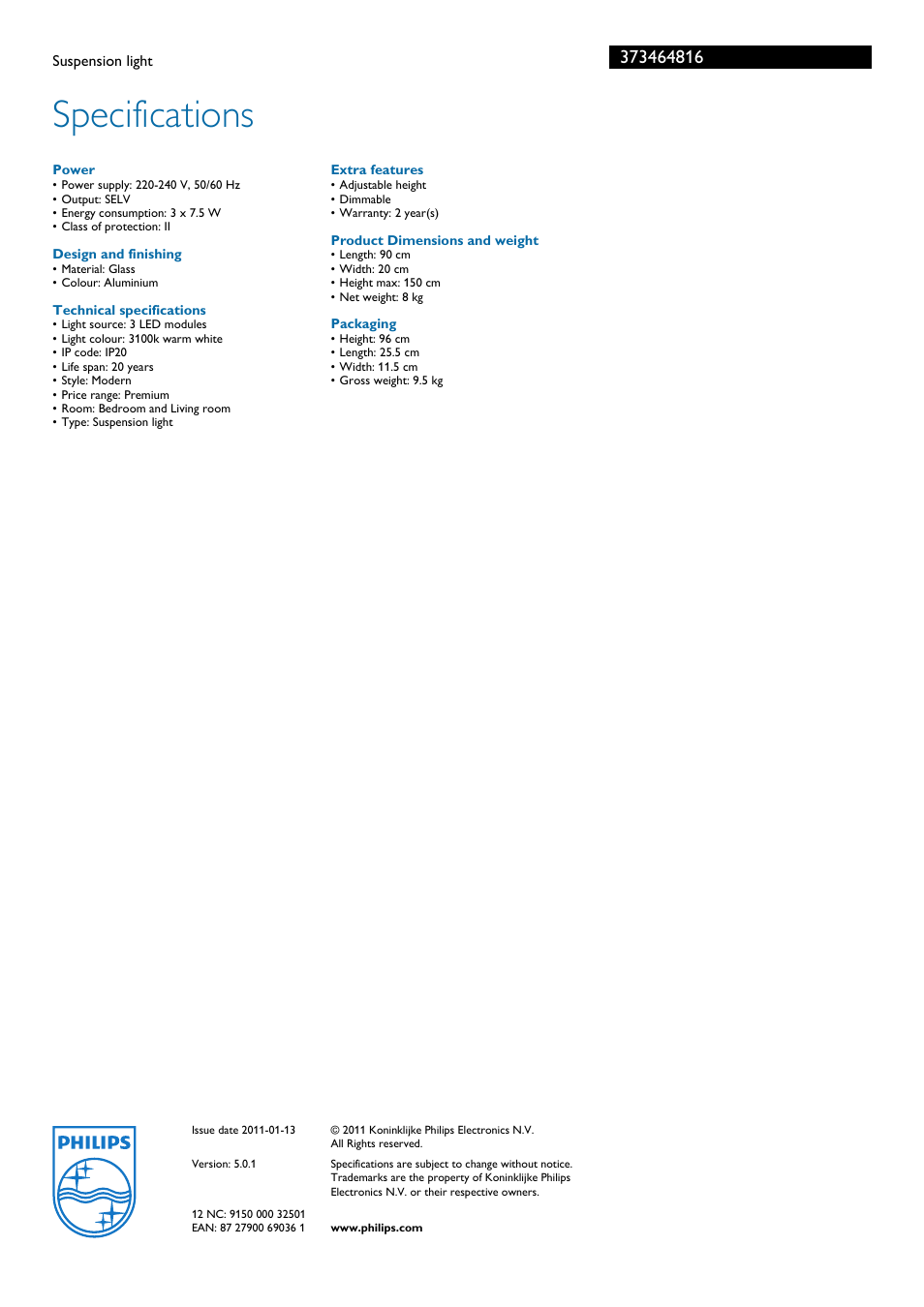 Specifications | Philips Ledino 37348 User Manual | Page 2 / 2