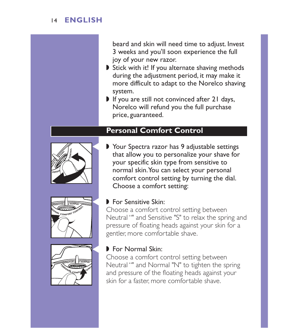 Personal comfort control, English | Philips Spectra 8892XL User Manual | Page 14 / 40