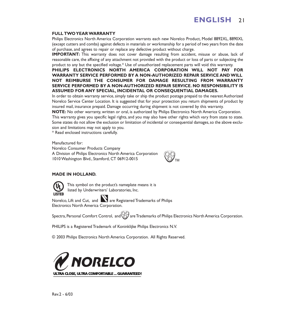 English | Philips Spectra 8892XL User Manual | Page 21 / 40