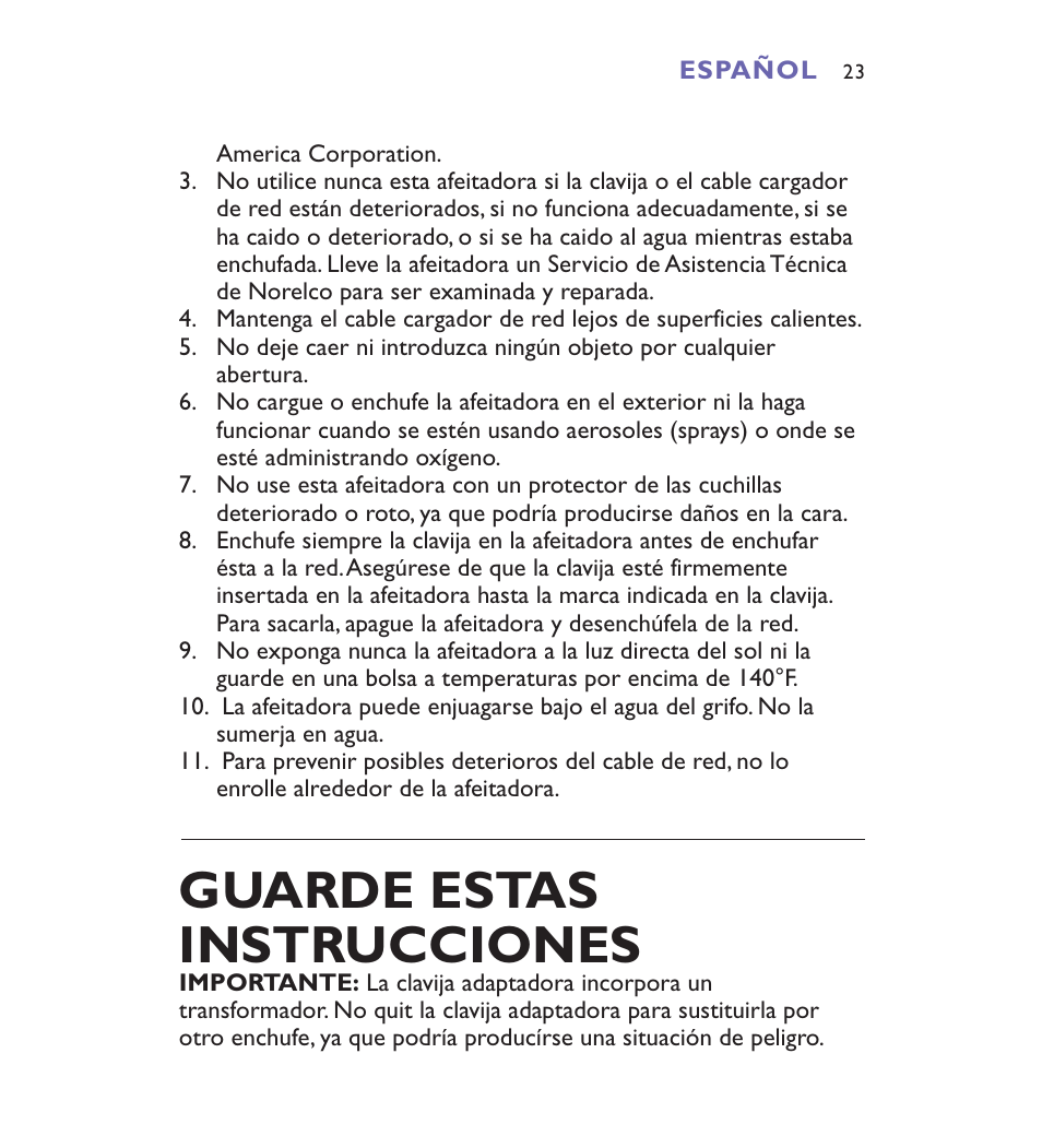 Guarde estas instrucciones | Philips Spectra 8892XL User Manual | Page 23 / 40