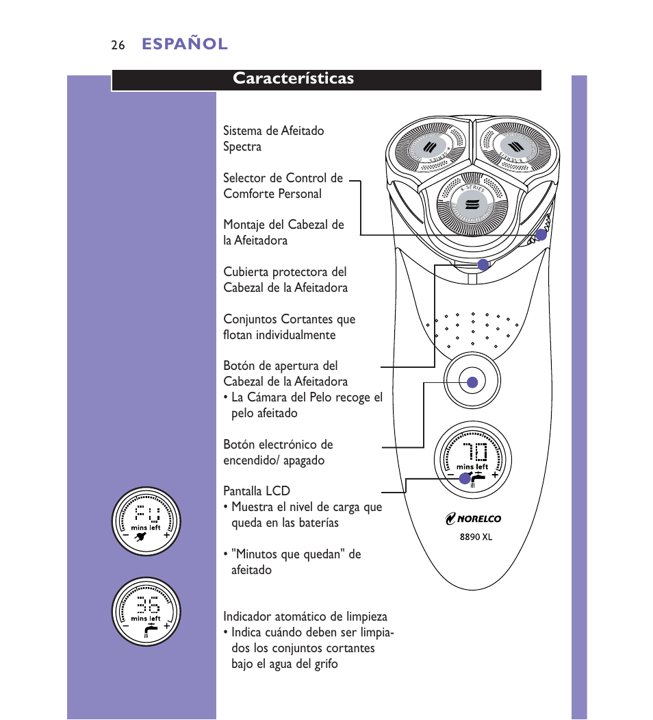 Características, Español | Philips Spectra 8892XL User Manual | Page 26 / 40