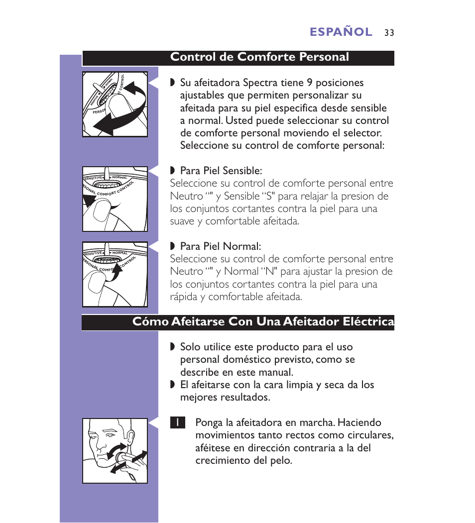 Control de comforte personal, Cómo afeitarse con una afeitador eléctrica, Español | Philips Spectra 8892XL User Manual | Page 33 / 40