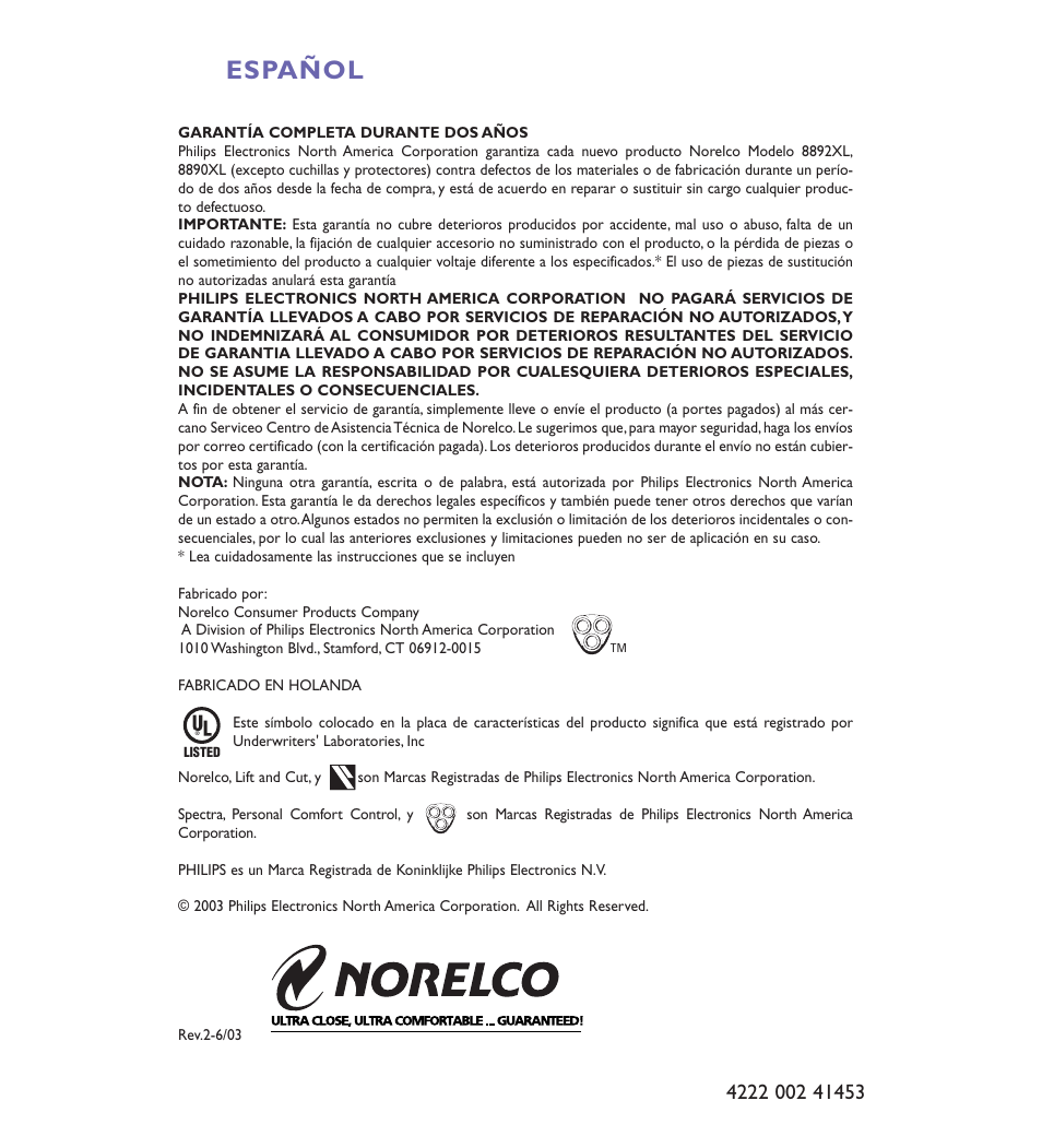 Español | Philips Spectra 8892XL User Manual | Page 40 / 40