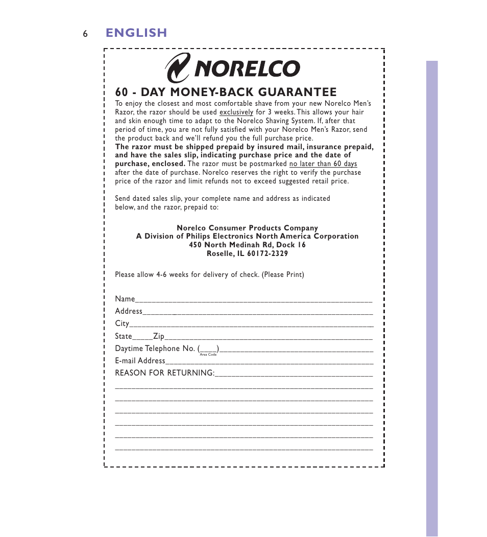 60 - day money-back guarantee, English | Philips Spectra 8892XL User Manual | Page 6 / 40